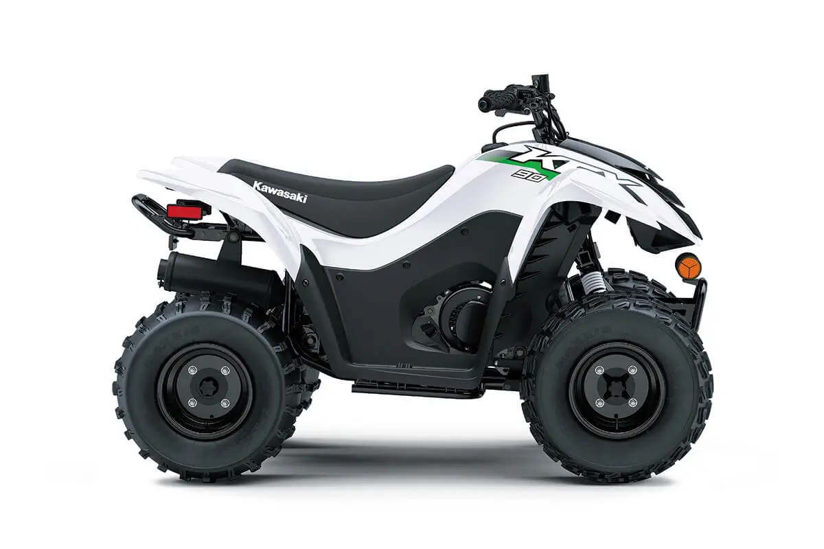 Right side view of a white youth ATV staged in a white studio background.