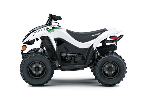 Left side view of a white youth ATV staged in a white studio background. opens in a new window