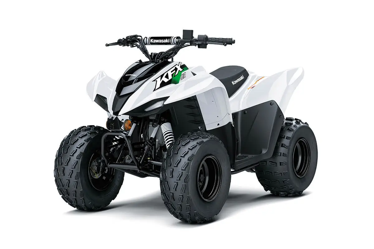 Front three-quarter view of a white youth ATV in a white studio background.