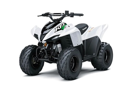 Front three-quarter view of a white youth ATV in a white studio background. opens in a new window