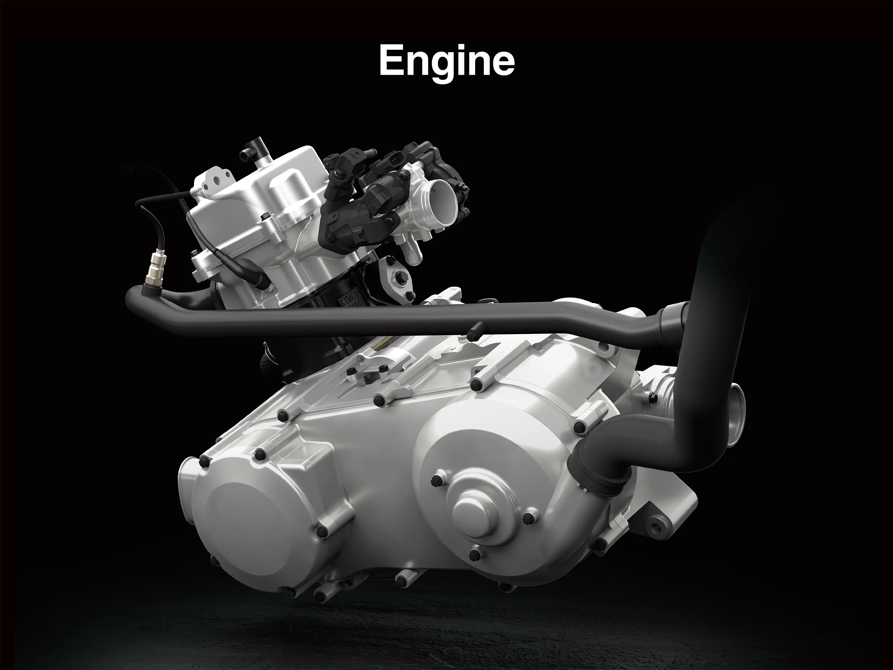 Left side view of the engine of a utility ATV against a black background.