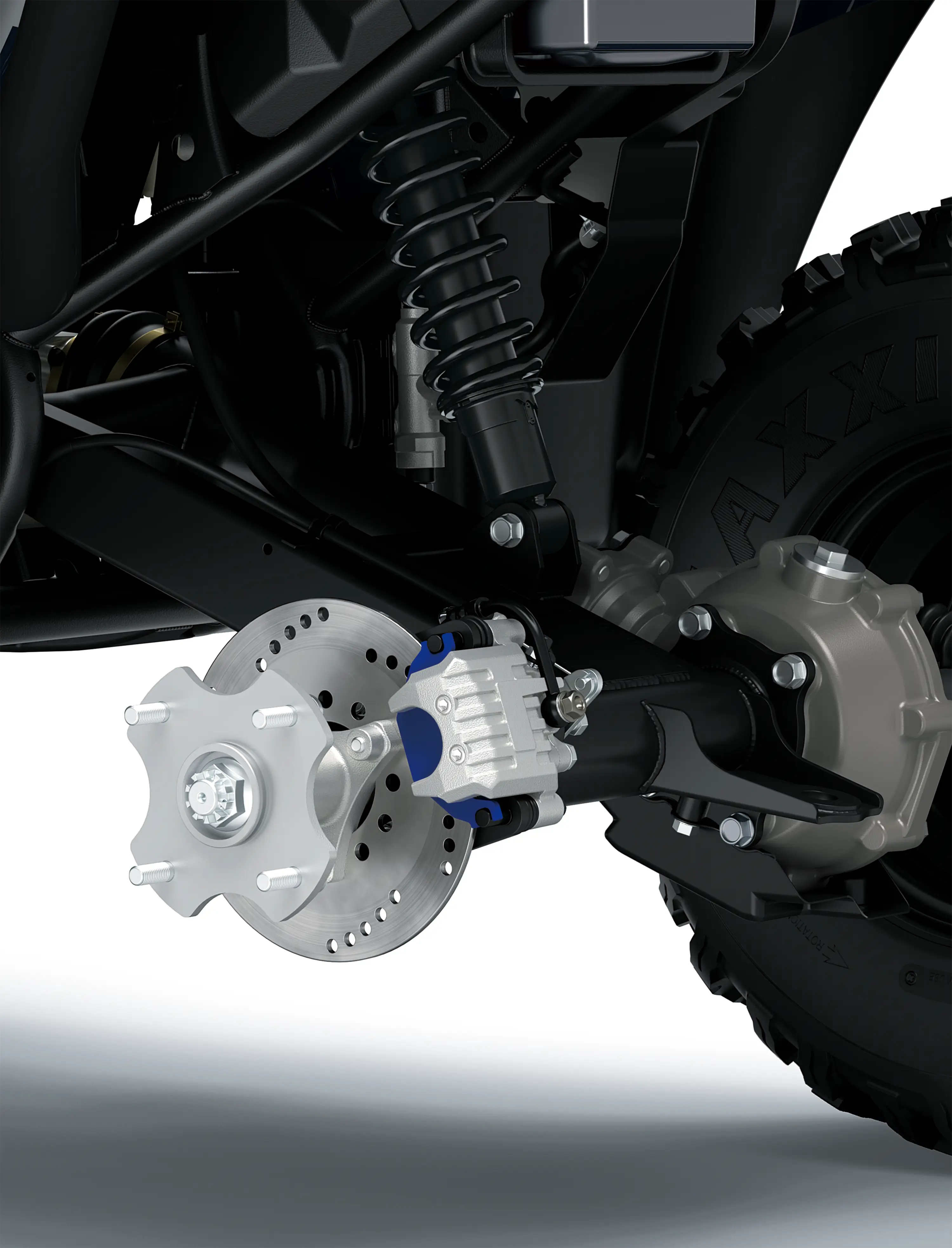 Detail view of the rear brakes of a utility ATV in a white studio background.