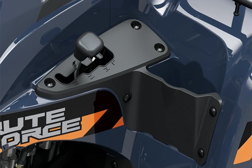 Detail view of the gear shift lever on a utility ATV in a white studio background. opens in a new window