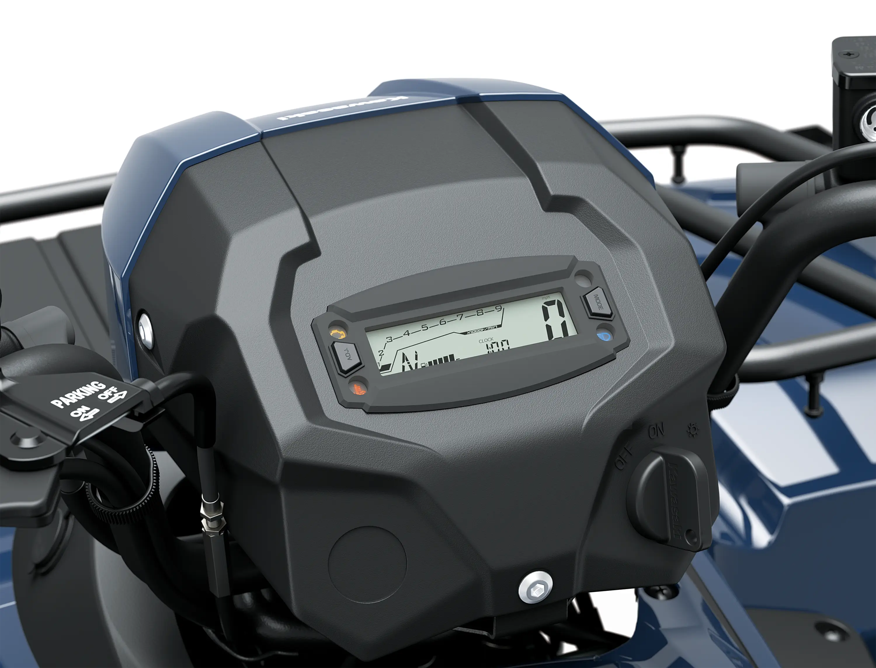 Detail view of a digital dash on a utility ATV in a white studio background.