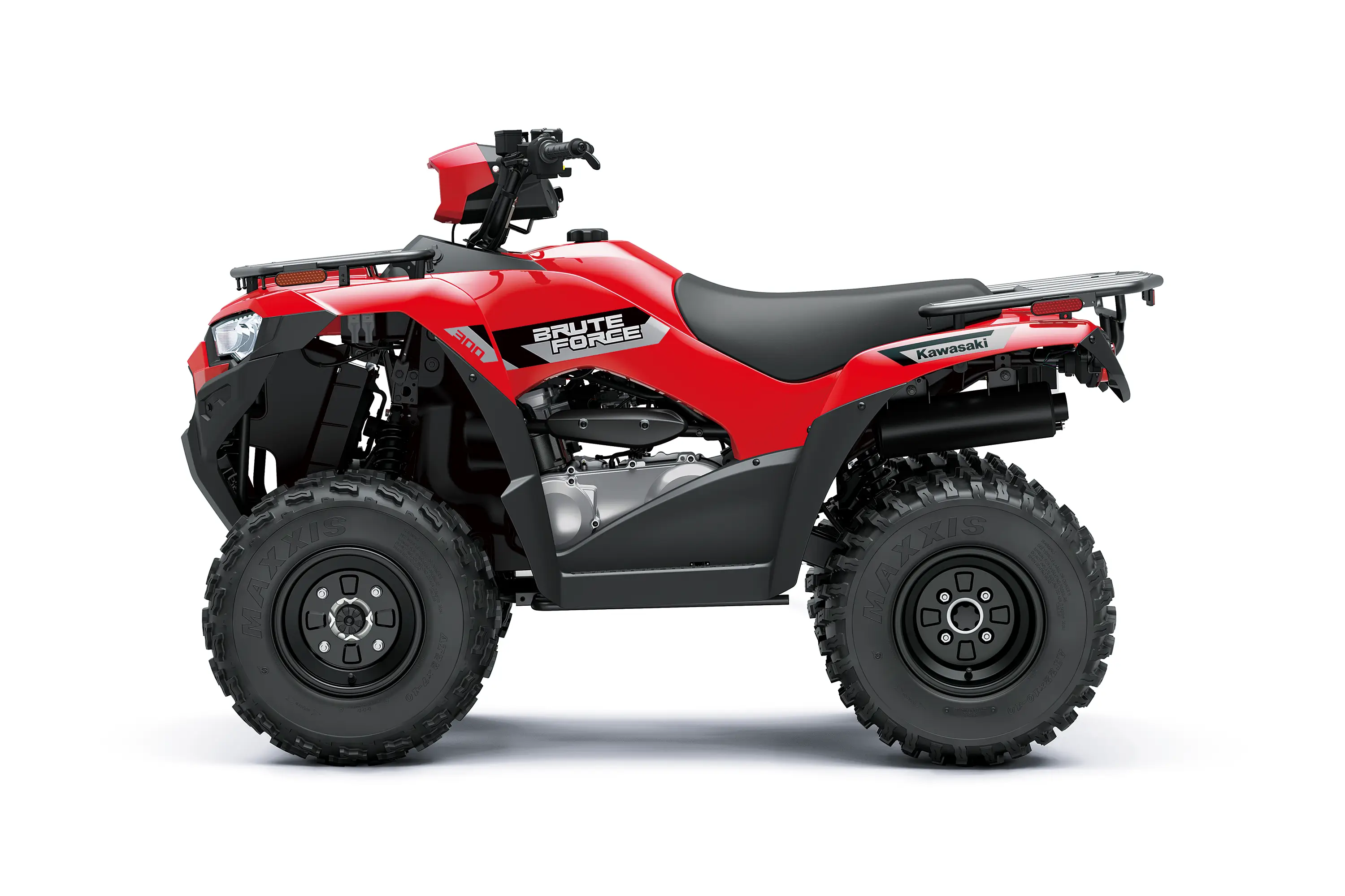 Left side view of a red utility ATV staged in a white studio background.