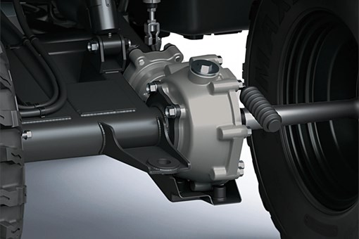 Detail view of the rear axle of a utility ATV in a white studio background. opens in a new window