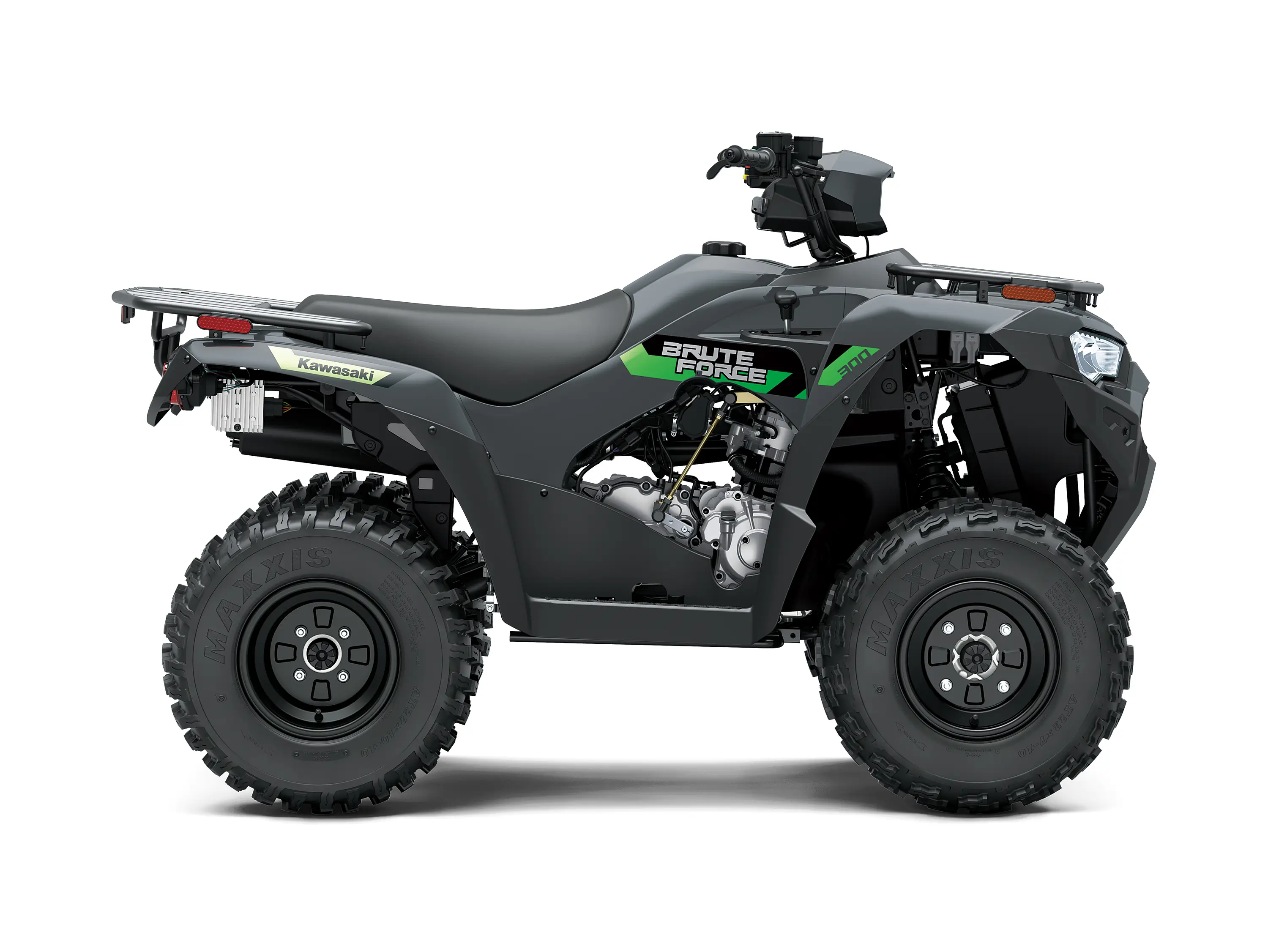 Right side view of a black utility ATV staged in a white studio background.