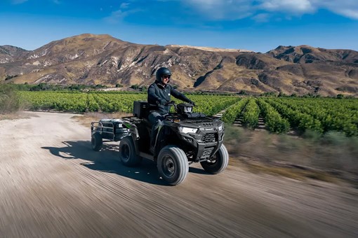 Person on a utility ATV pulling a trailer next to rows of crops. opens in a new window