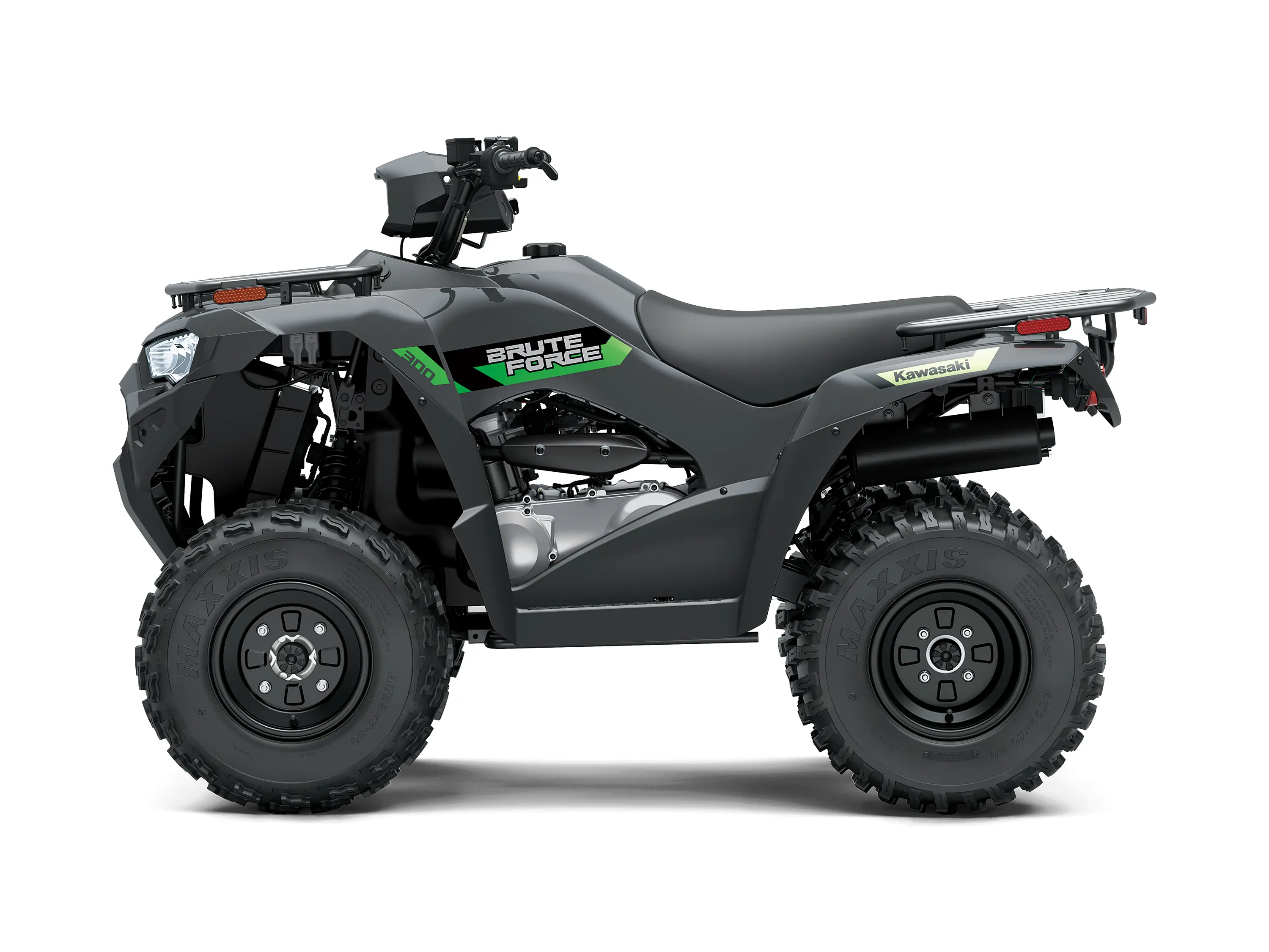 Left side view of a black utility ATV staged in a white studio background.