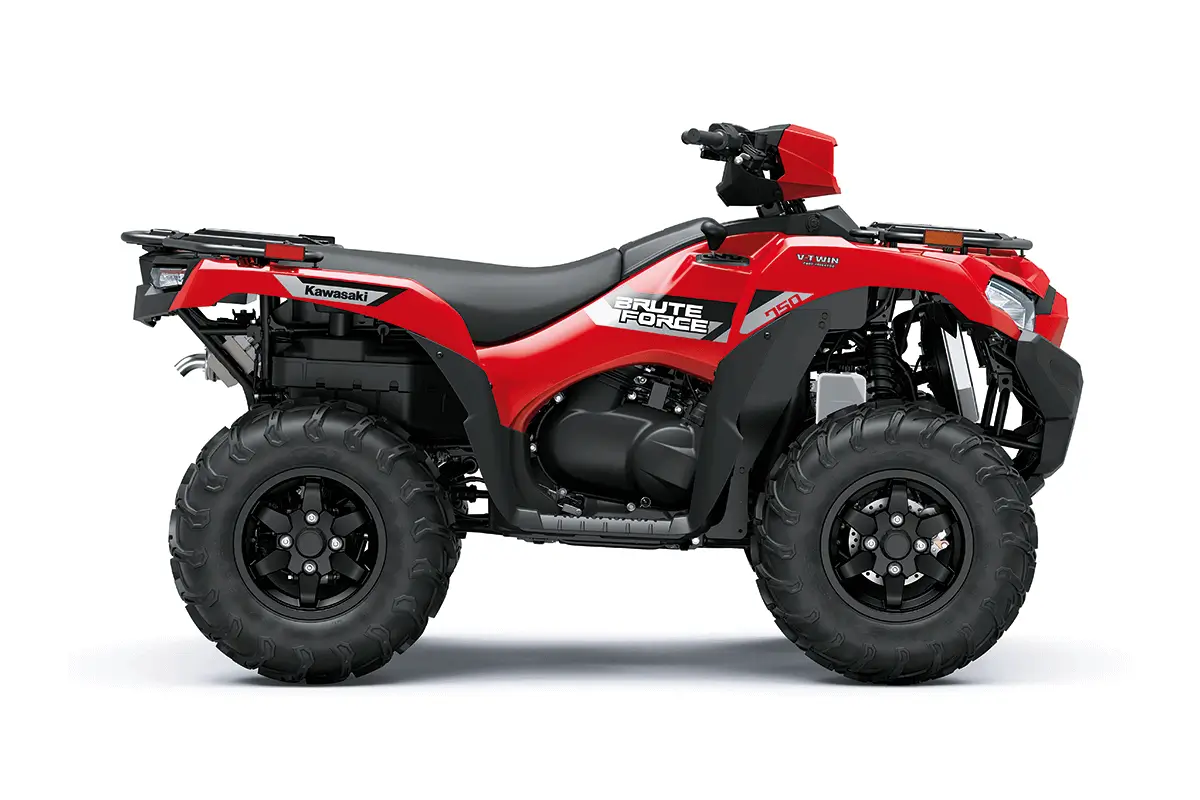 Right side view of a red utility ATV staged in a white studio background.