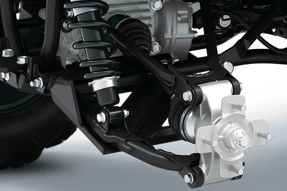 Detail view of the suspension of a utility ATV in a white studio background.