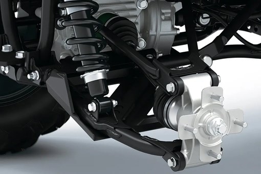 Detail view of the suspension of a utility ATV in a white studio background. opens in a new window
