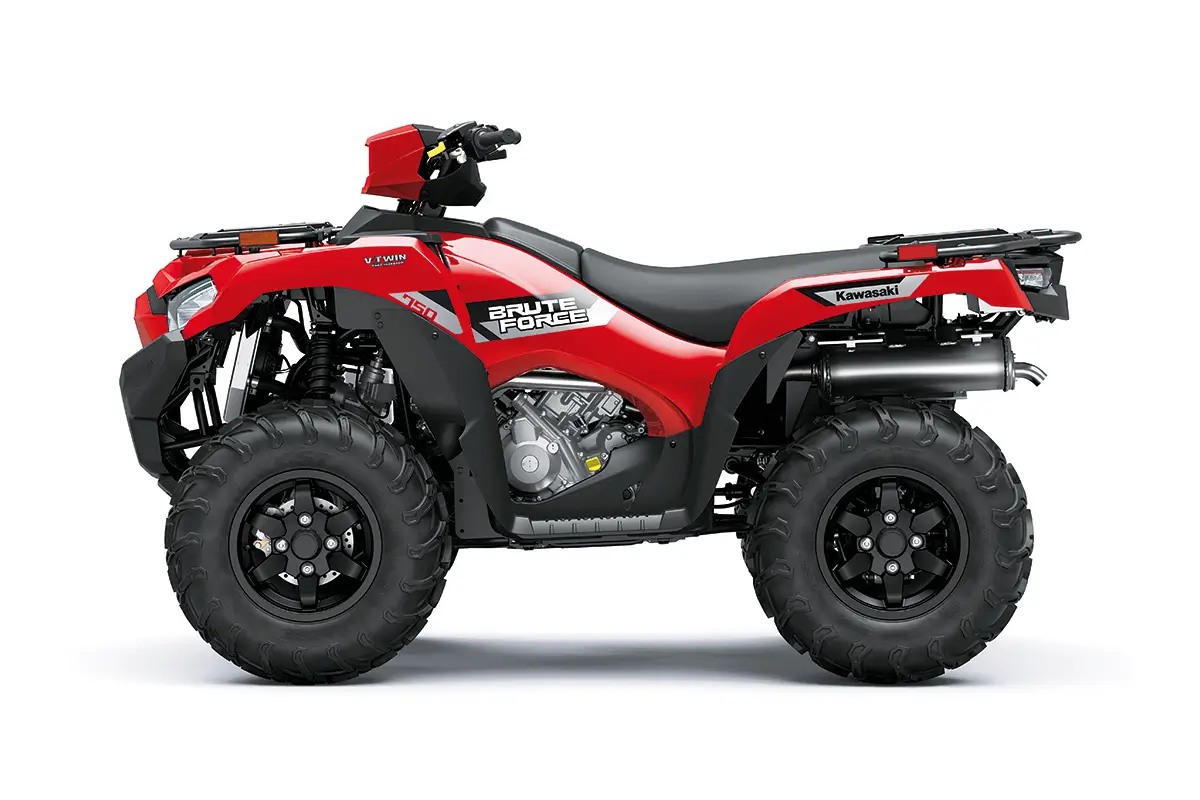 Left side view of a red utility ATV staged in a white studio background.