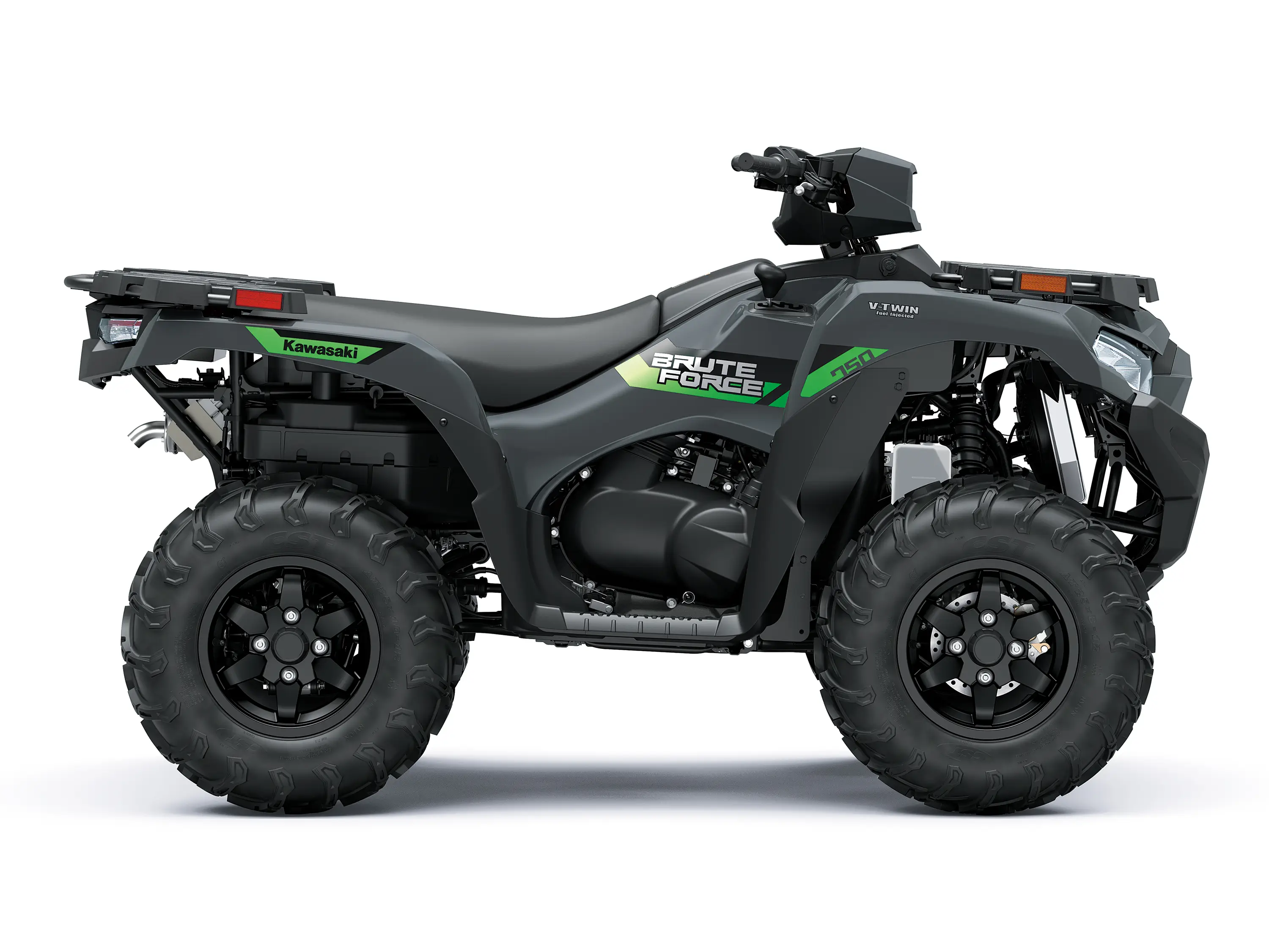 Right side view of a black utility ATV staged in a white studio background.
