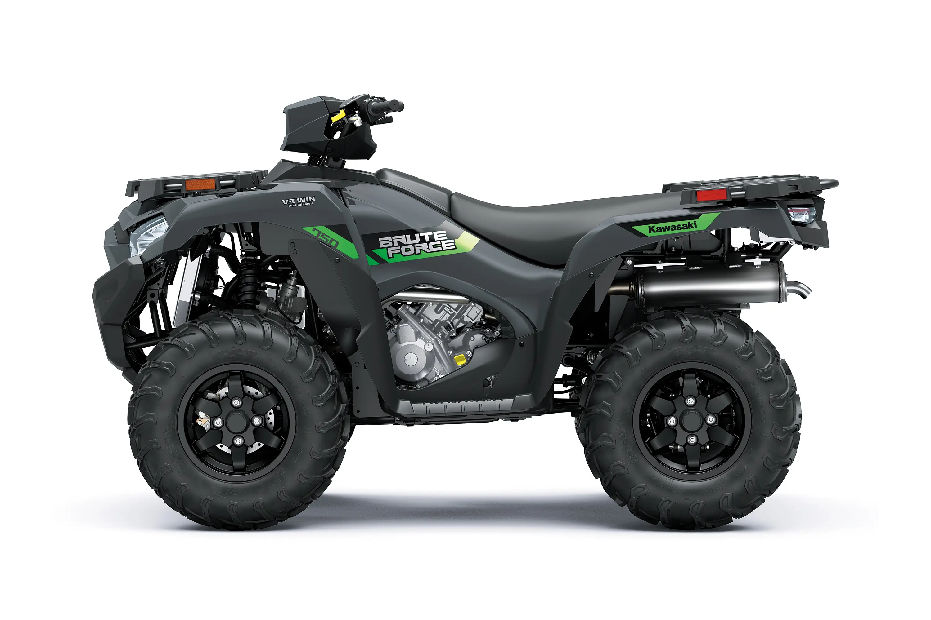 Left side view of a black utility ATV staged in a white studio background.