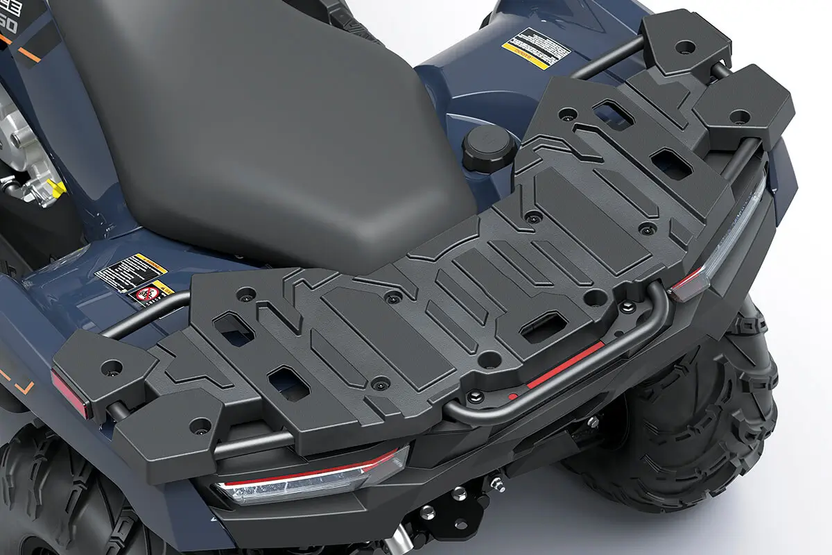 Overhead view of the rear storage rack of a utility ATV staged in a white studio background.