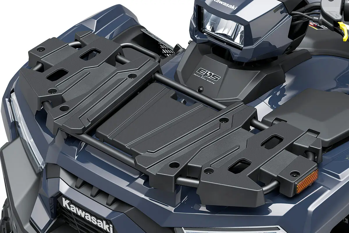 Detail view of a front storage rack on a utility ATV in a white studio background.