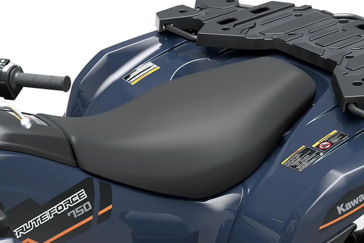 Detail view of the seat of a utility ATV in a white studio background.