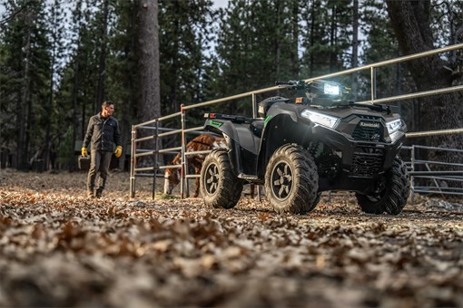 Utility ATV parked in front of a horse corral with a person in the background. opens in a new window