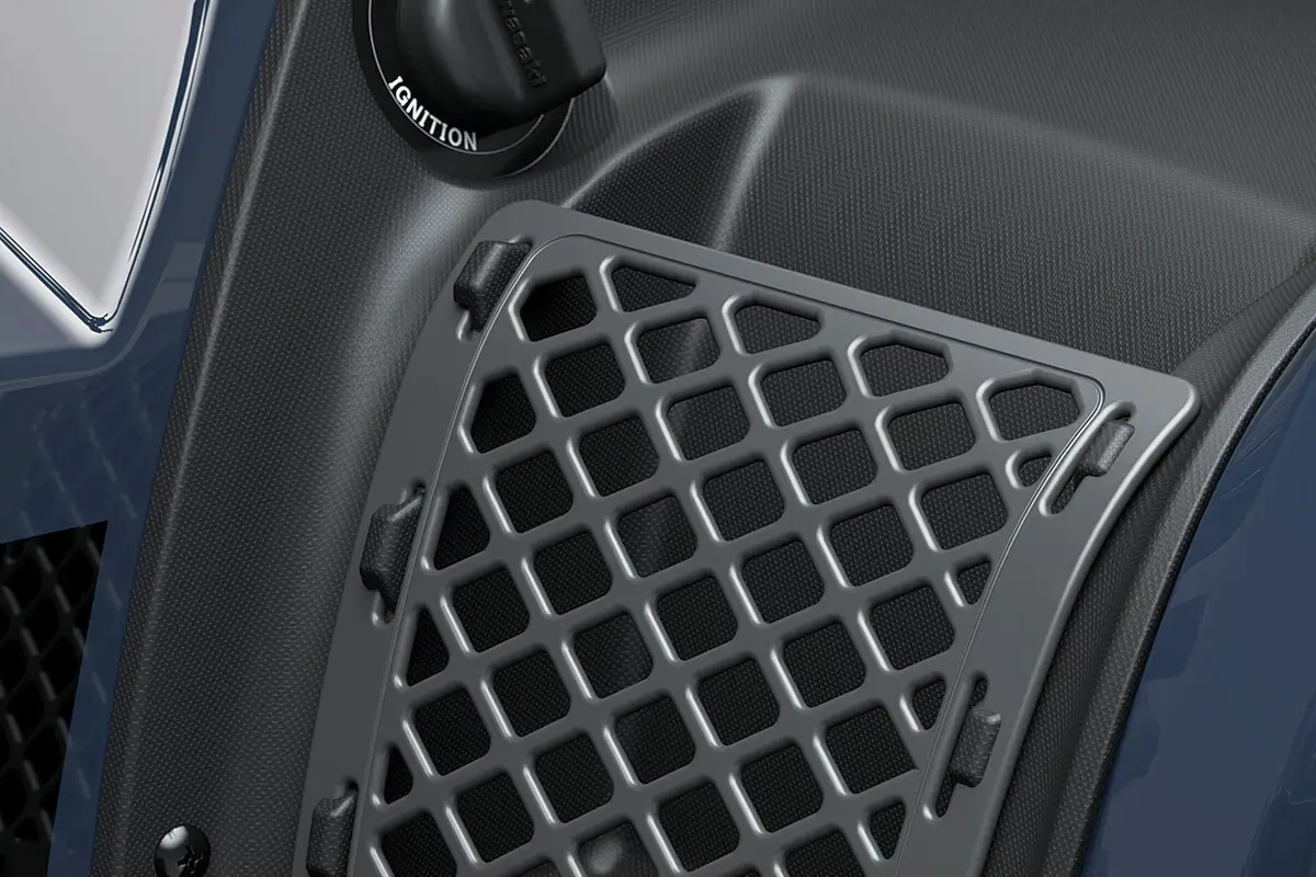 Detail view of a storage compartment on a utility ATV.