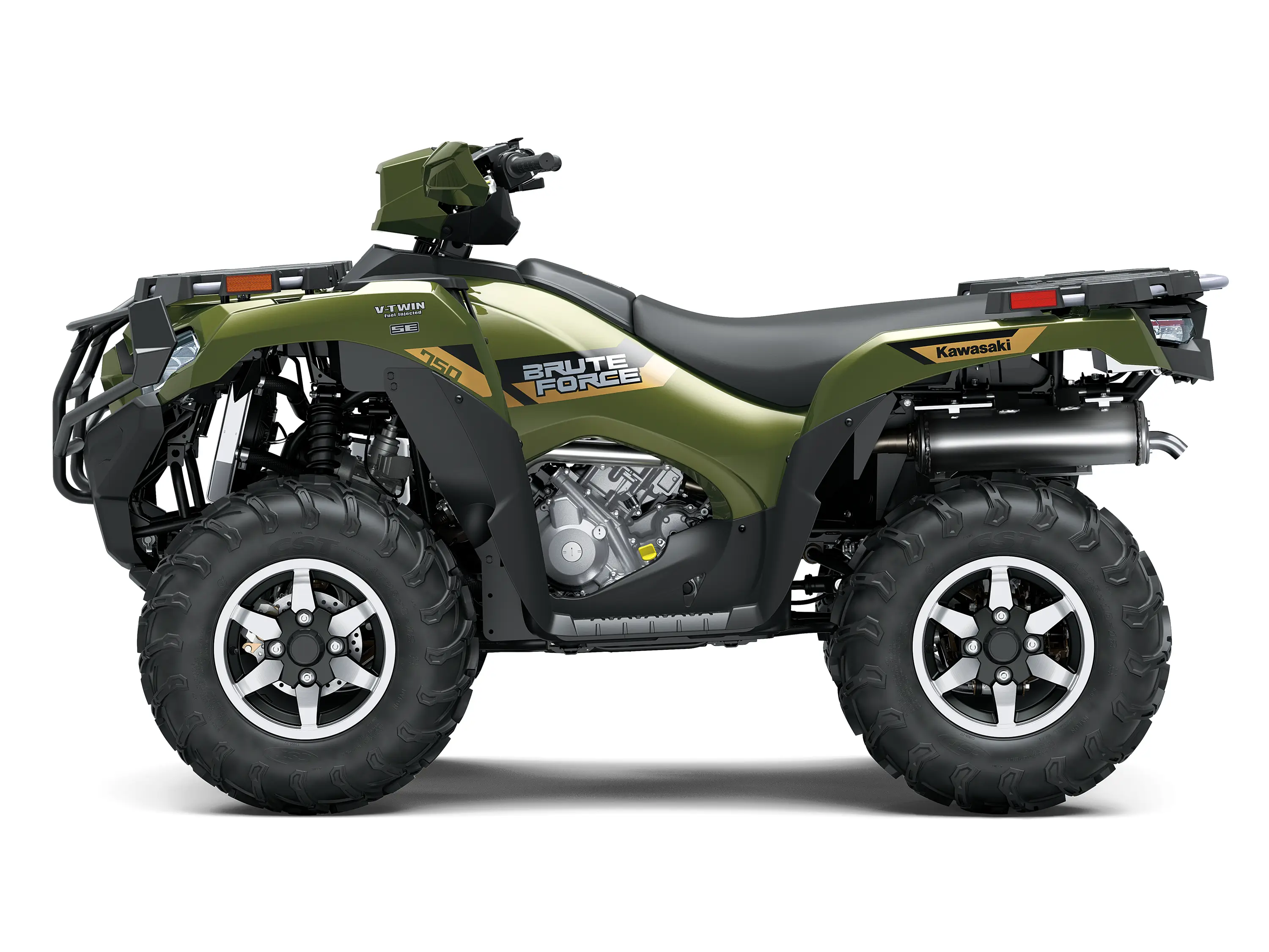 Left side view of a green utility ATV staged in a white studio background.