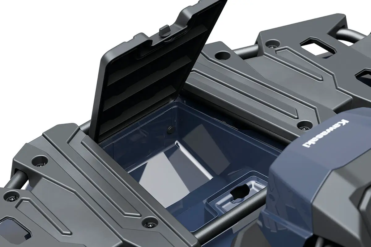 Detail view of the rear enclosed storage compartment on a utility ATV staged in a white studio background.