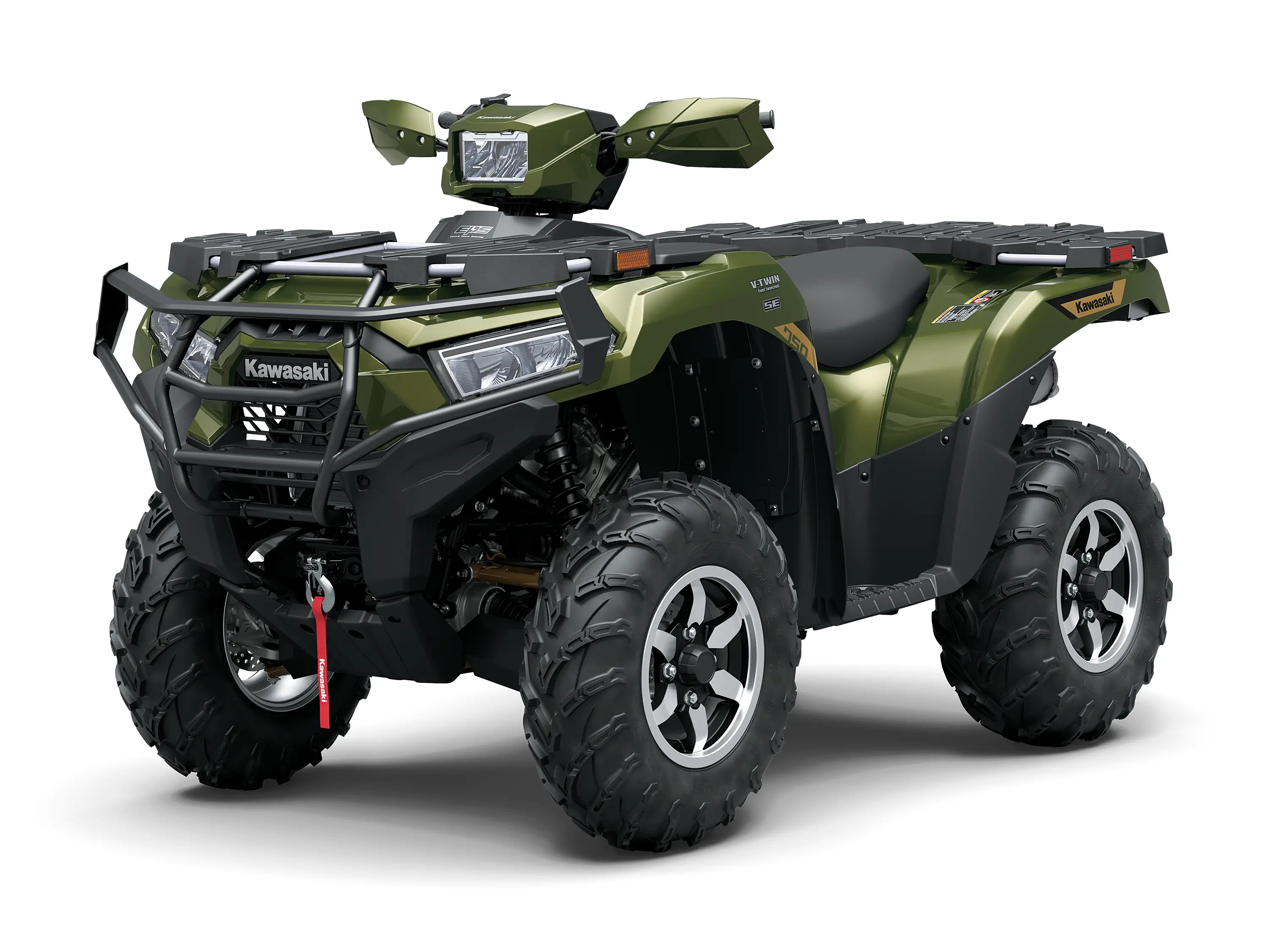 Front three-quarter view of a green utility ATV staged in a white studio background.