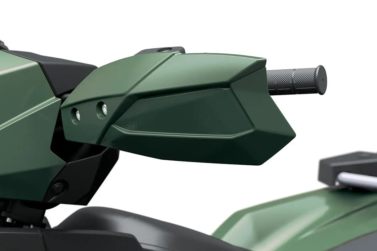 Detail view of a handguard on a utility ATV in a white studio background.