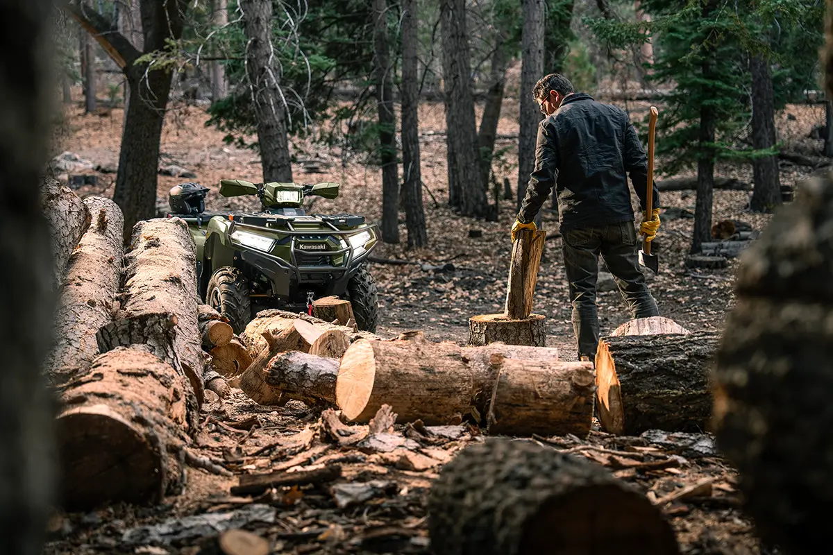 A person chopping wood in the forest with a utility ATV parked in the background.