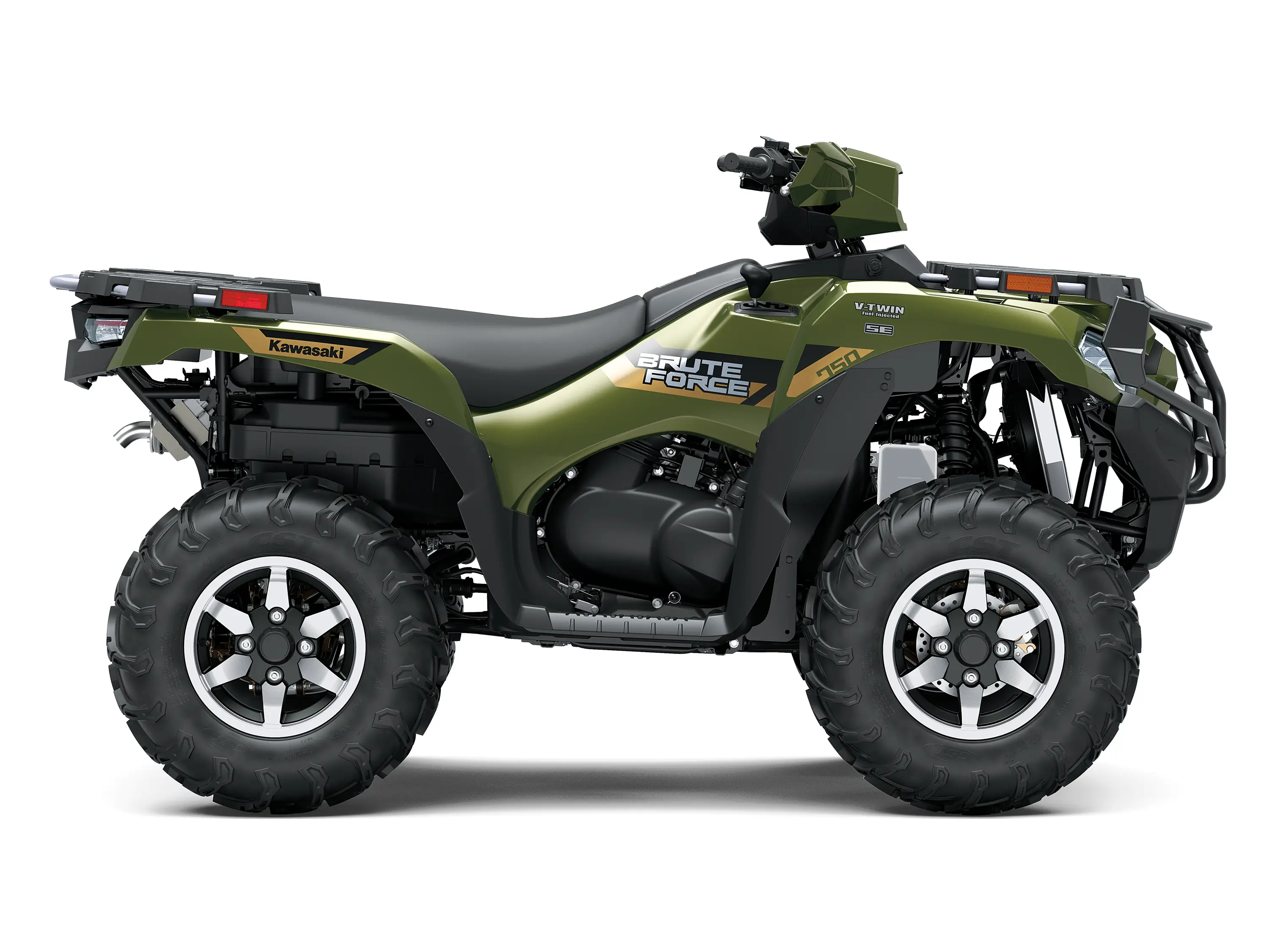 Right side view of a green utility ATV staged in a white studio background.