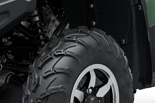 Detail view of a wheel well on a utility ATV in a white studio background.