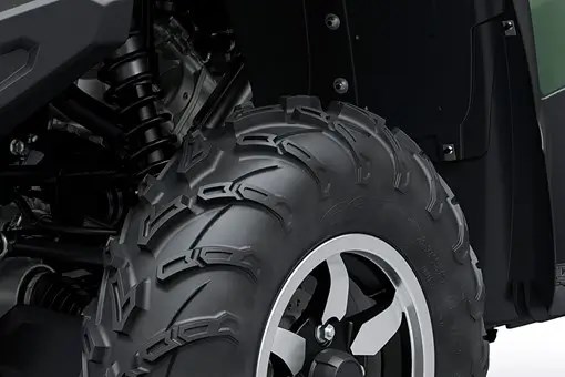 Detail view of a wheel well on a utility ATV in a white studio background. opens in a new window