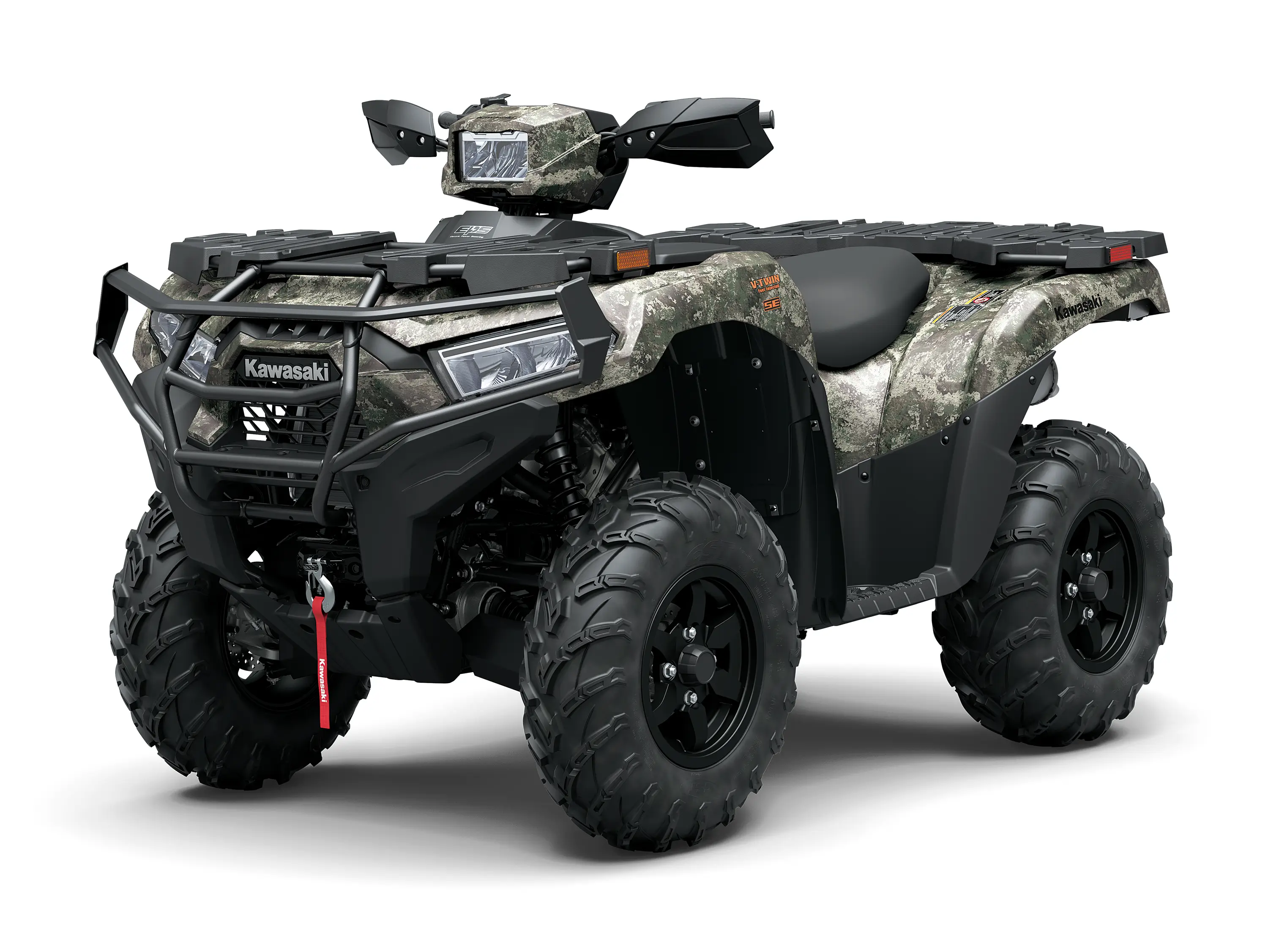 Front three-quarter view of a camouflage utility ATV staged in a white studio background.