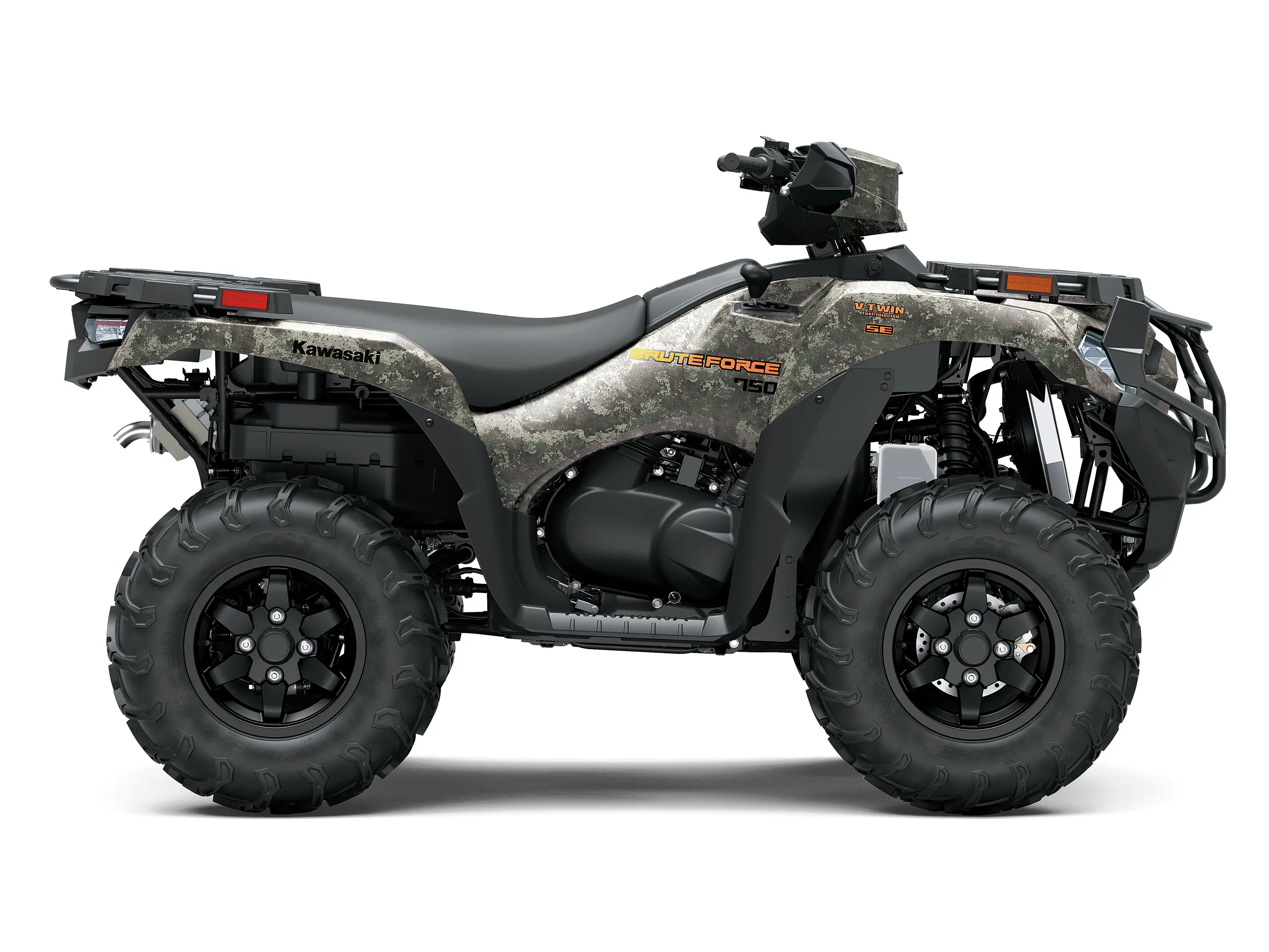 Right side view of a camouflage utility ATV staged in a white studio background.