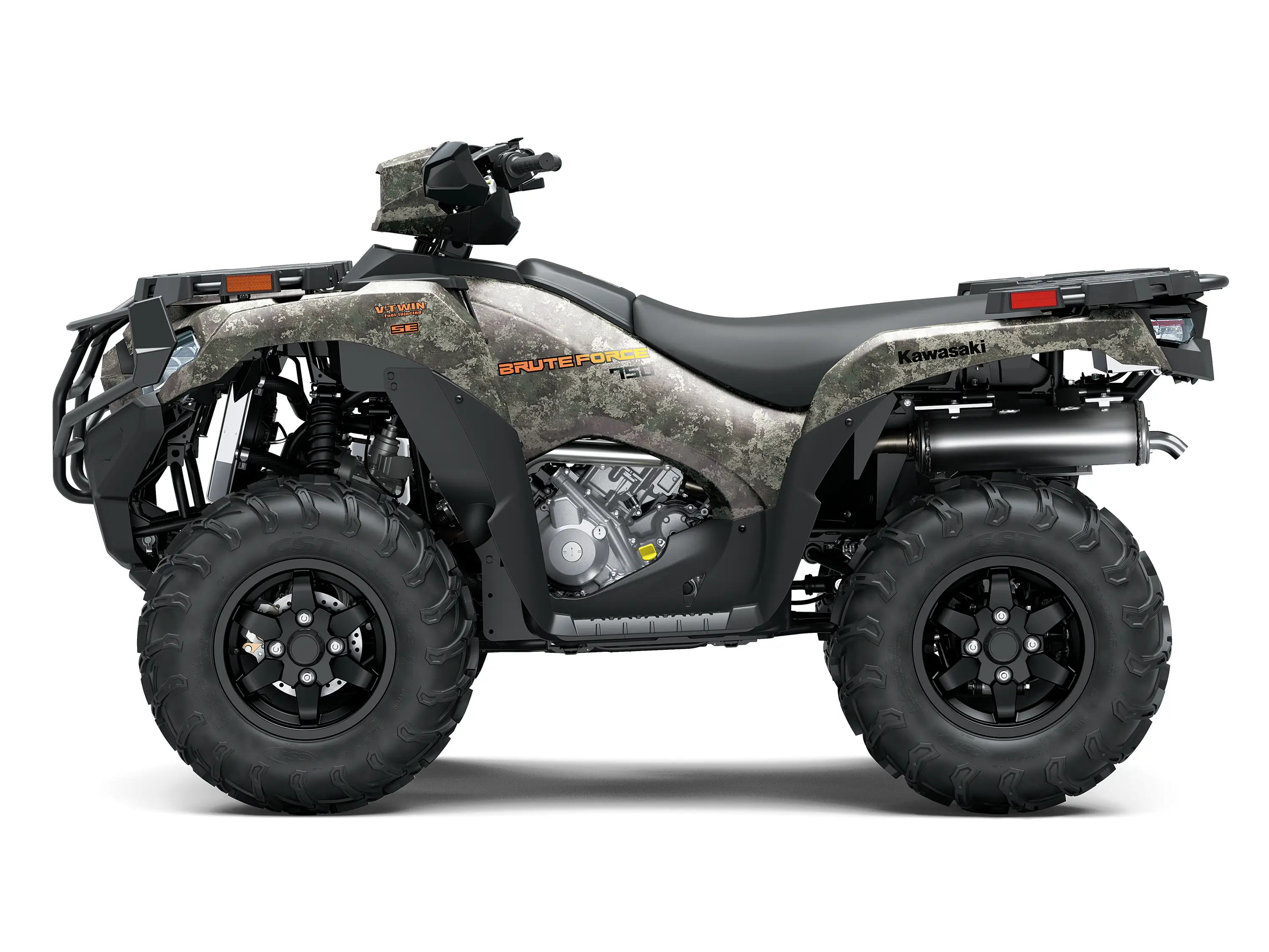 Left side view of a camouflage utility ATV staged in a white studio background.