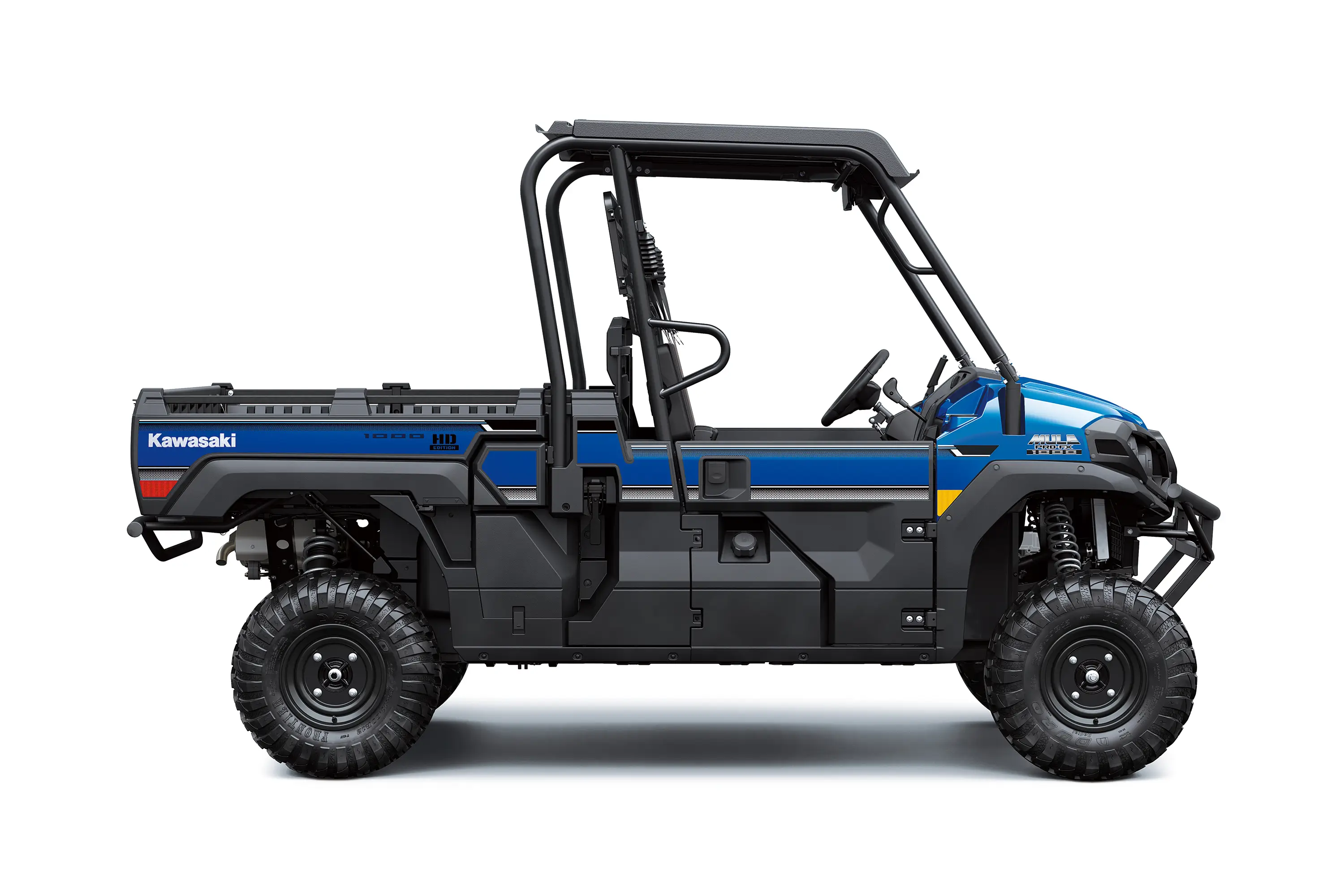 Right side view of a blue side x side staged in a white studio background.