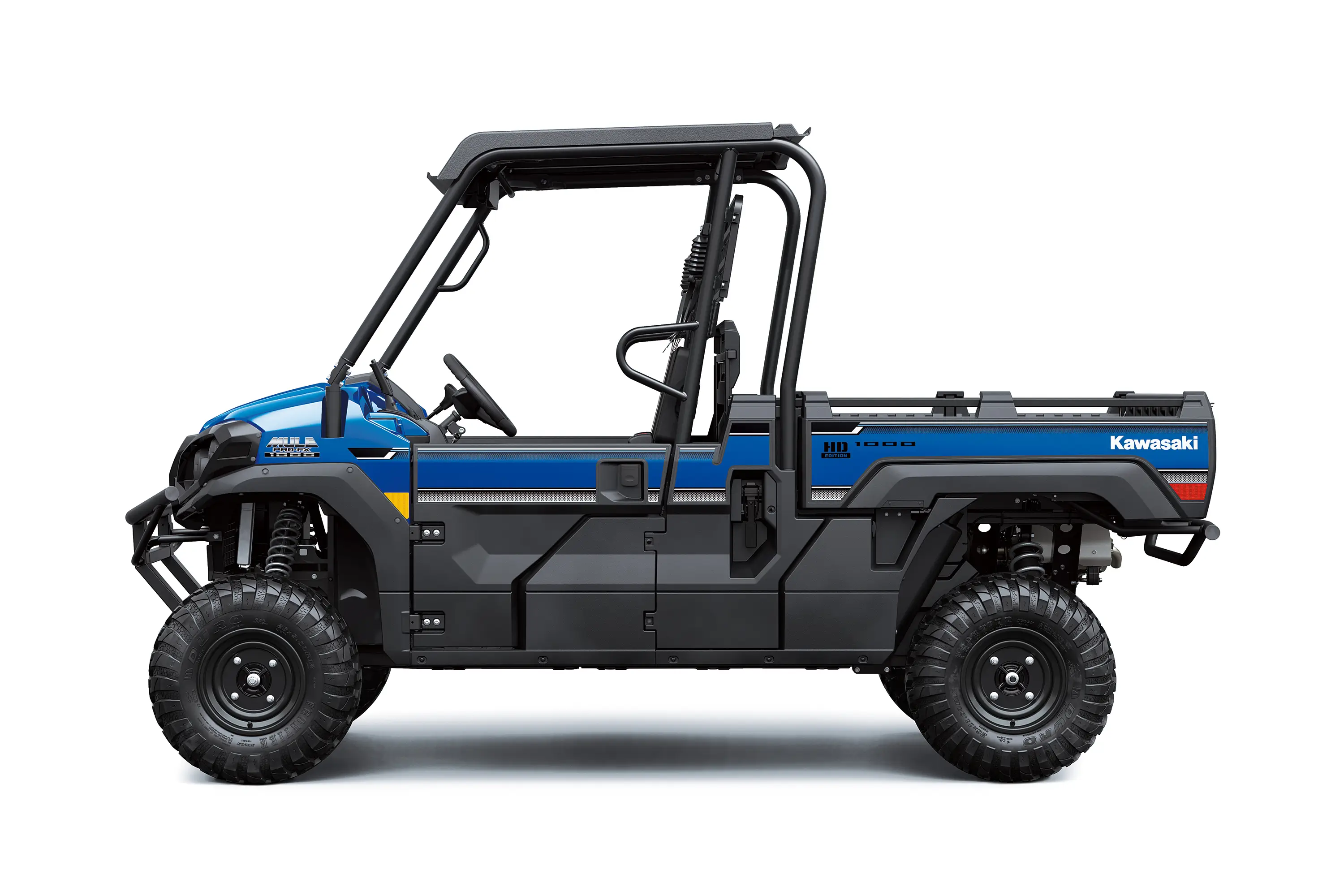 Left side view of a blue side x side staged in a white studio background.