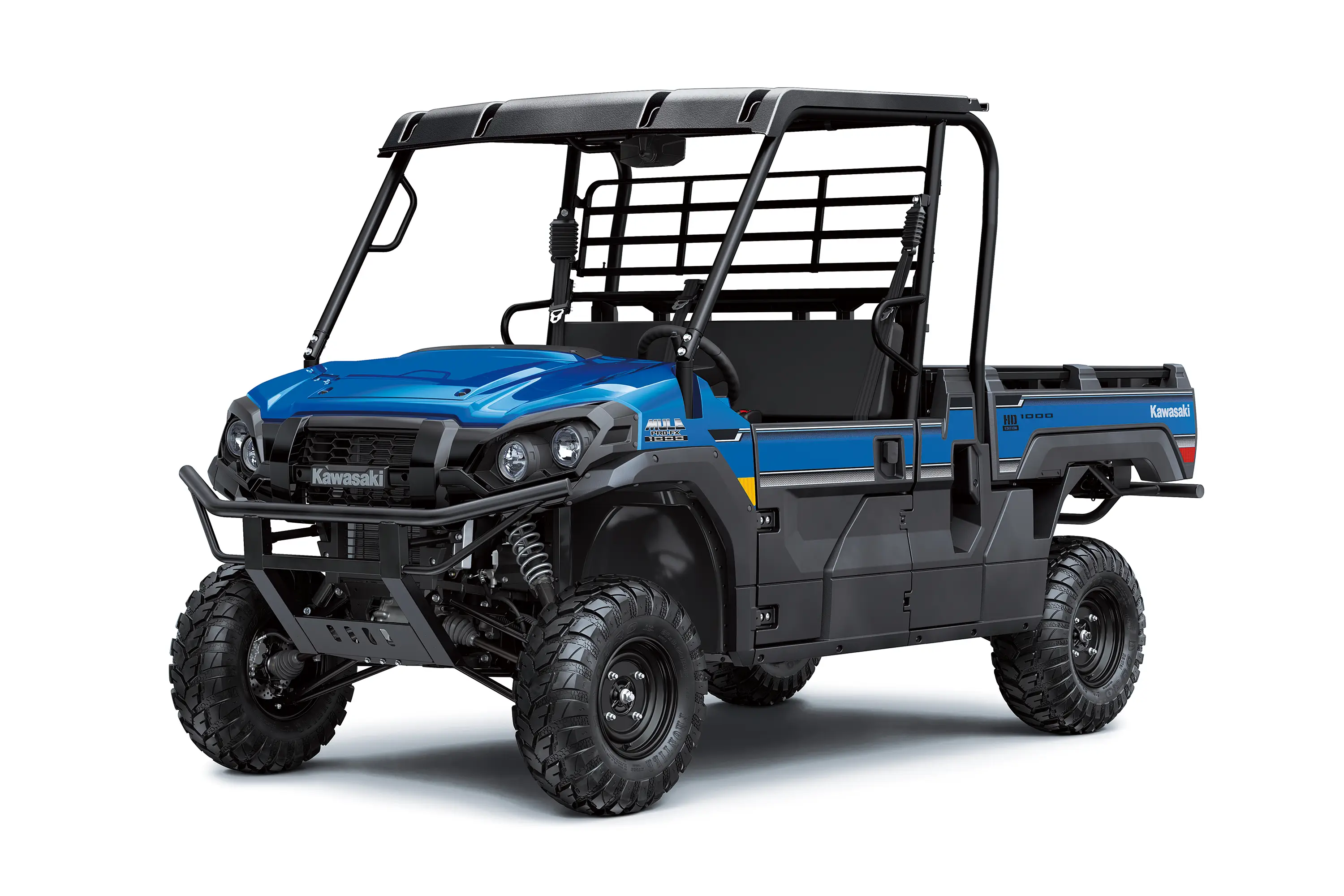 Front three-quarter view of a blue side x side staged in a white studio background.