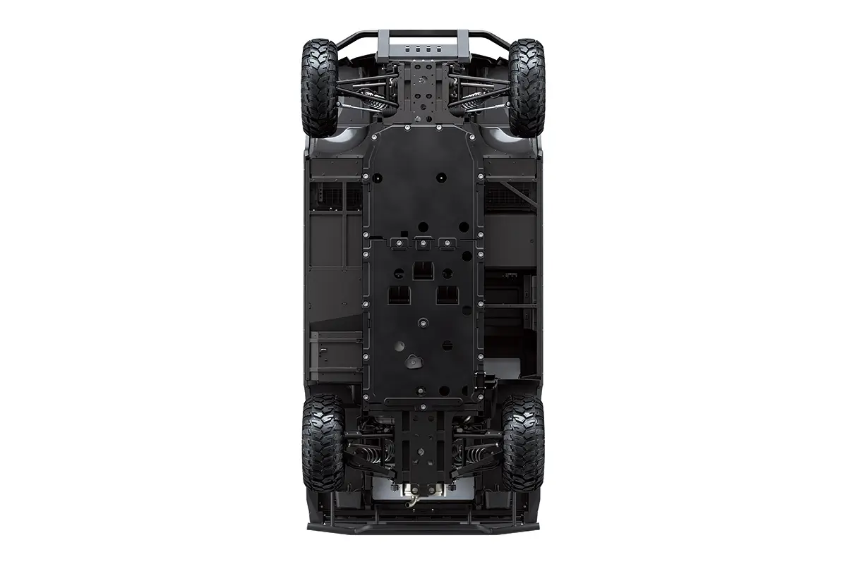 Underside view of a side x side staged in a white studio background.