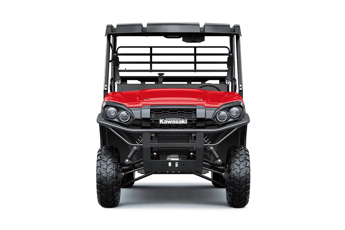 Head-on view of a red side x side staged in a white studio background.