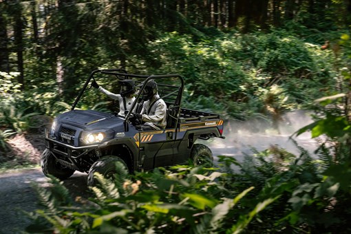 Left-side view of two people riding in a side x side through a forest road. opens in a new window