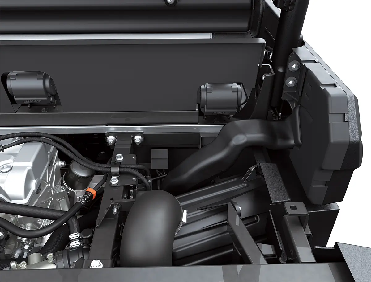 Detail photo of air intake system of a side x side staged in a white studio background.