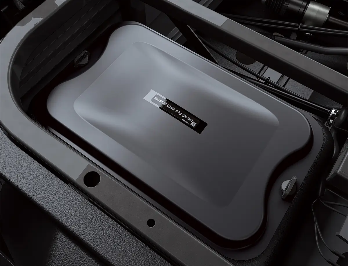 Detail view of a storage compartment of a side x side.