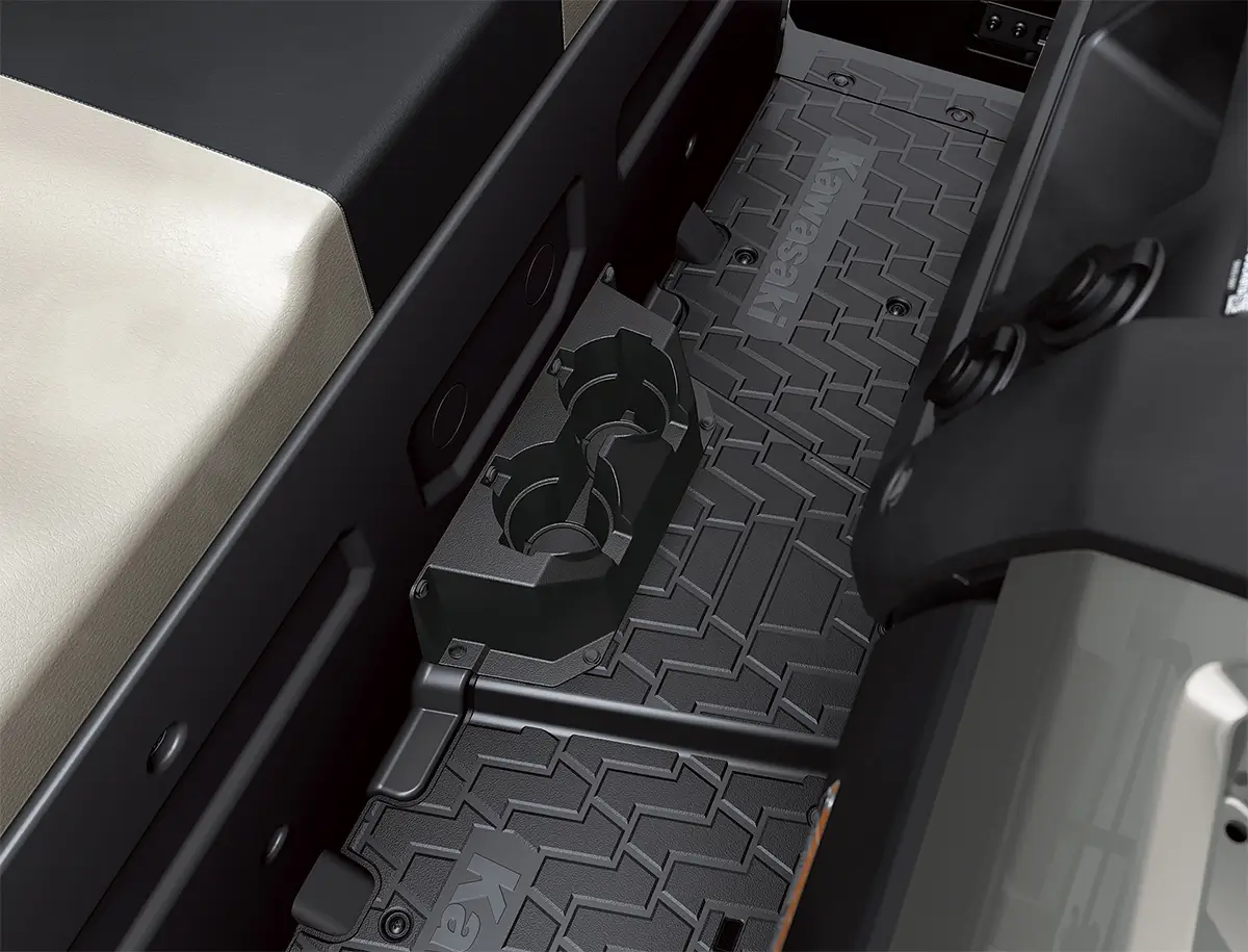 Detail view of front cup holders of a side x side.