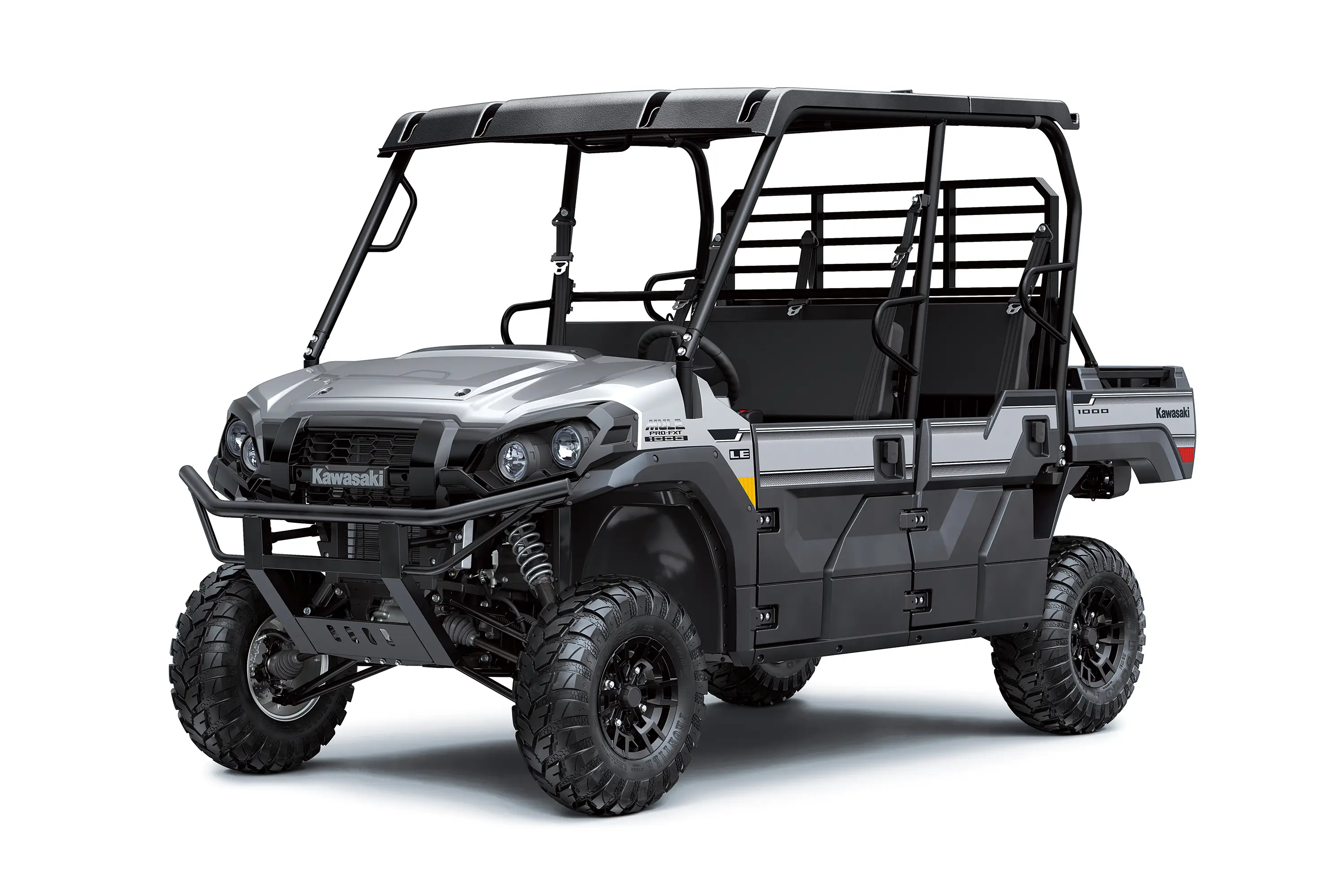 Front three-quarter view of a silver side x side staged in a white studio background.