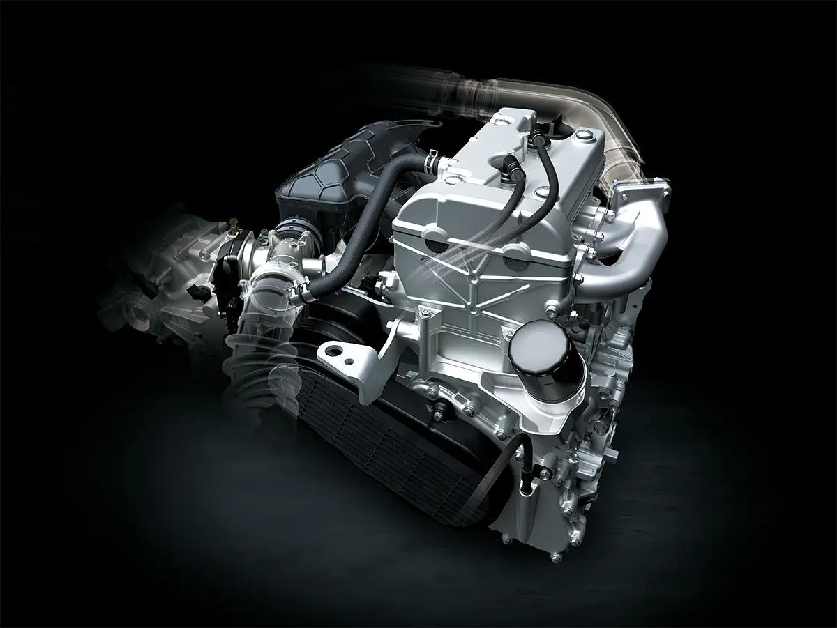 Engine of a side x side staged in a black studio background.