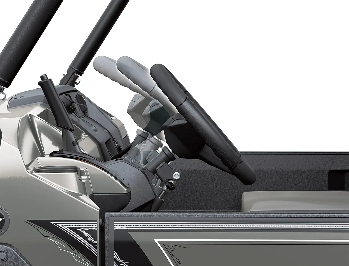Photo diagram showing the tilt steering wheel of a side x side staged in a white studio background.