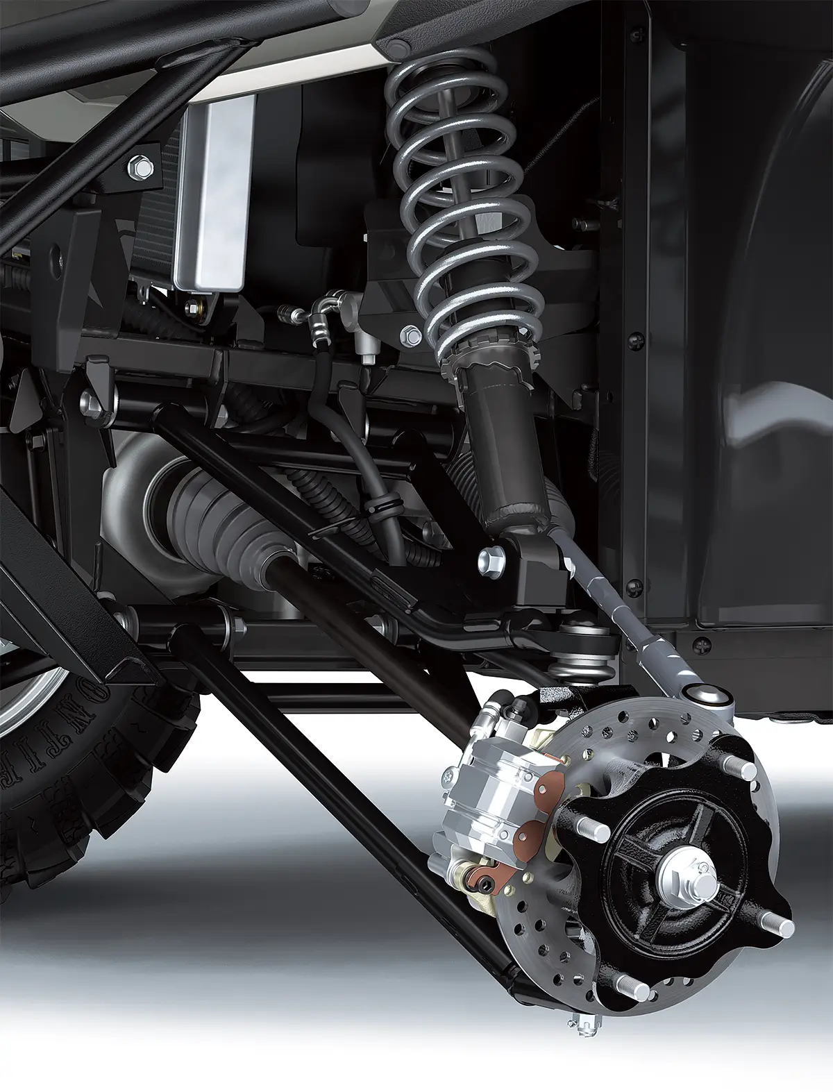 Detail view of the front suspension of a side x side in a white studio background.