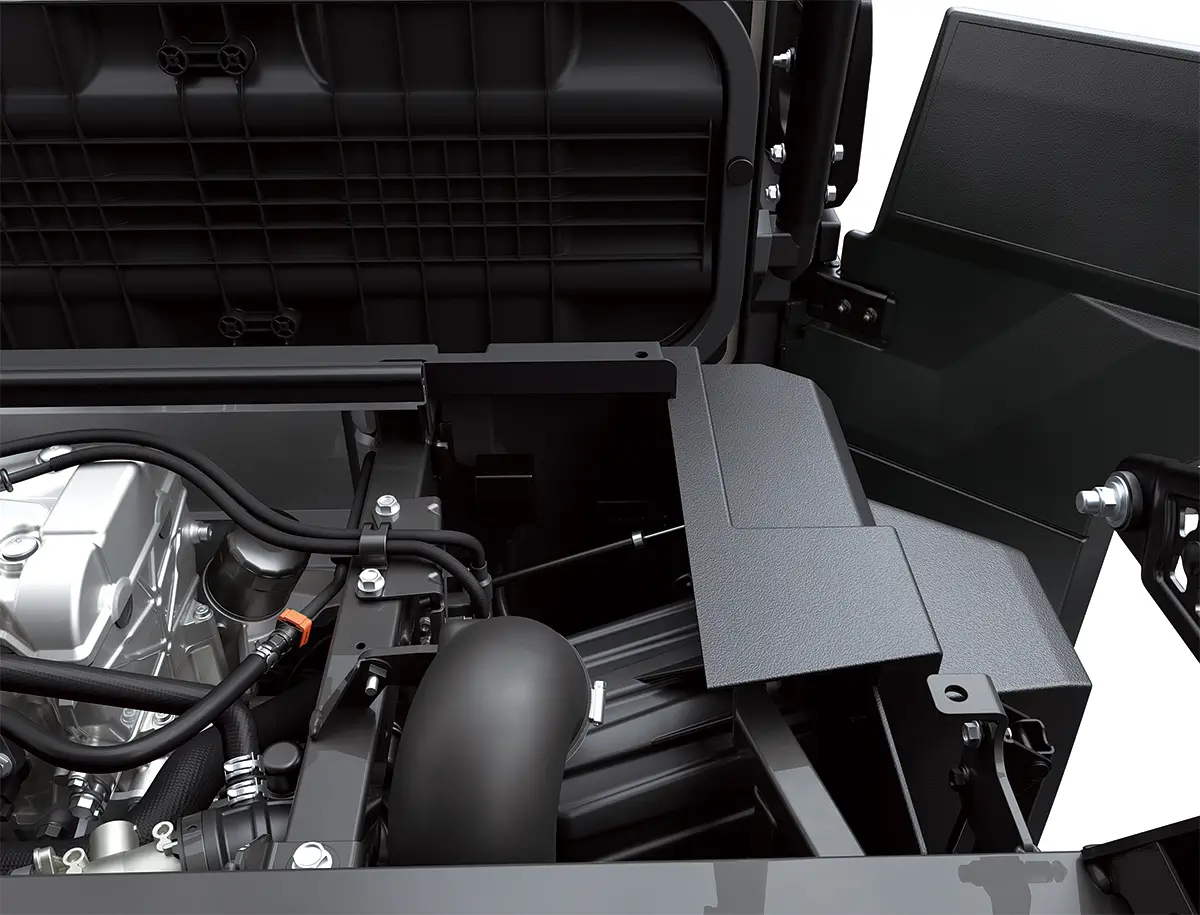 Detail photo of air intake system of a side x side staged in a white studio background.