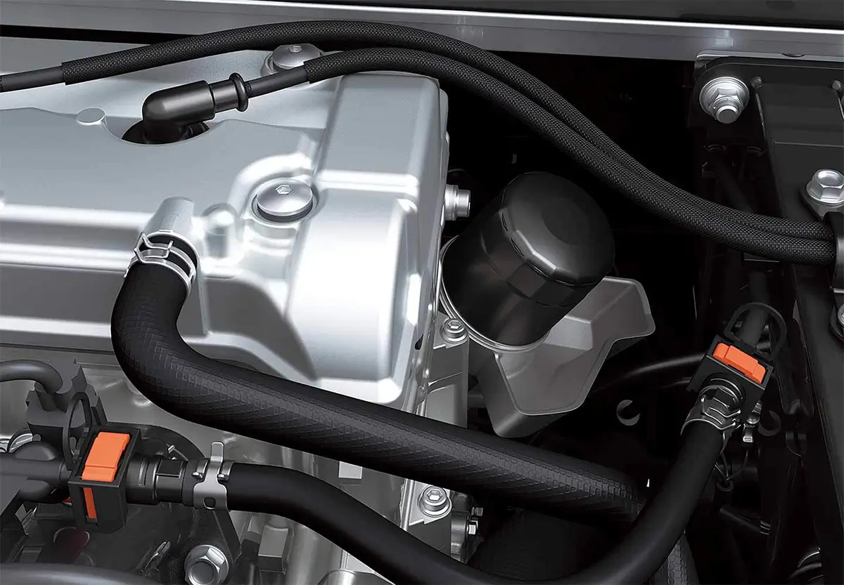 Detail photo of the oil filter of a side x side engine.